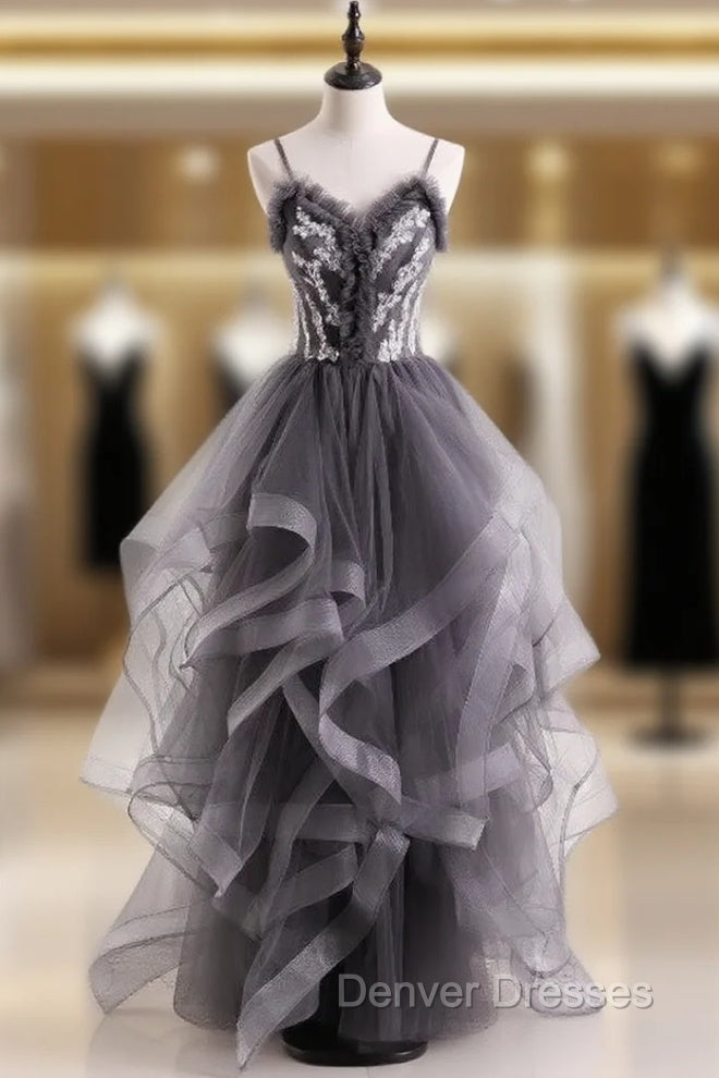 Gray Tulle Spaghetti Straps Appliques Prom Dress