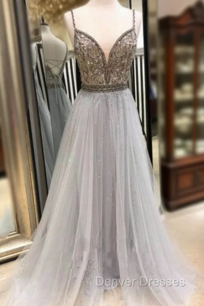 Gray Tulle Spaghetti Straps Backless Beading Sequins Prom Dress