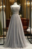 Gray Tulle Spaghetti Straps Beading Backless Prom Dress