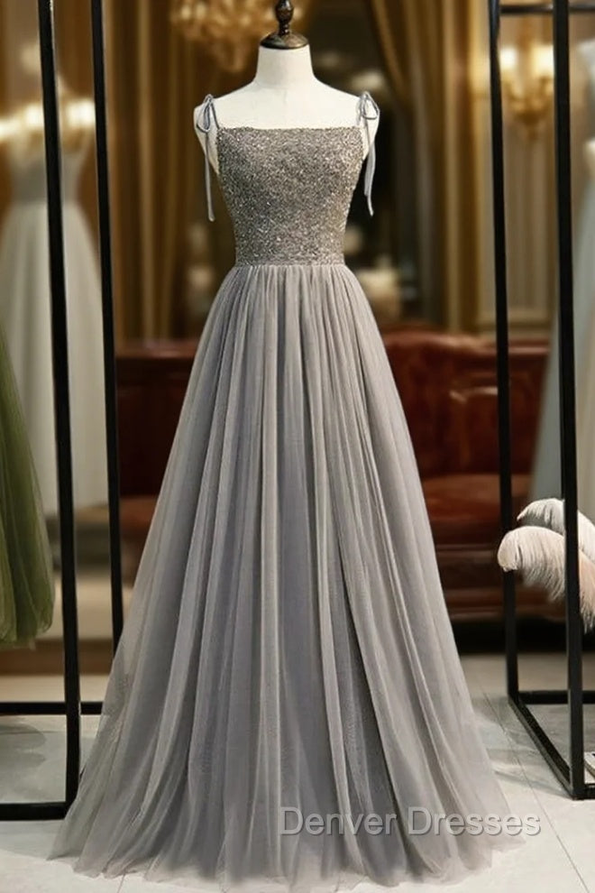 Gray Tulle Spaghetti Straps Beading Backless Prom Dress Main image