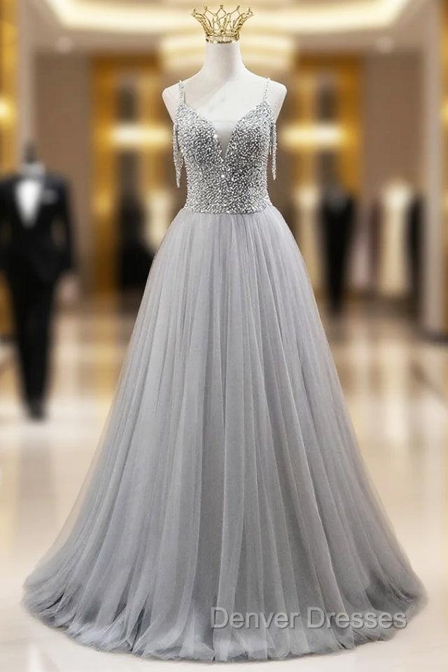 Gray Tulle Spaghetti Straps Beading Pearls Prom Dress Main image