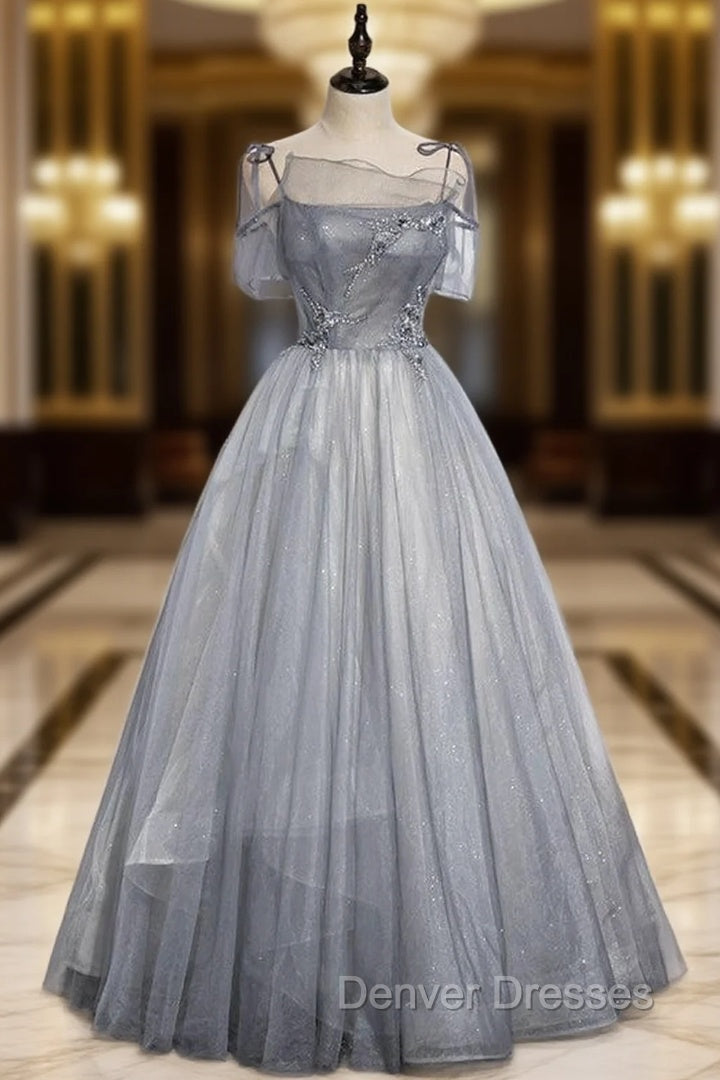 Gray Tulle Spaghetti Straps Beading Prom Dress Main image
