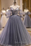 Gray Tulle Spaghetti Straps Button Prom Dress
