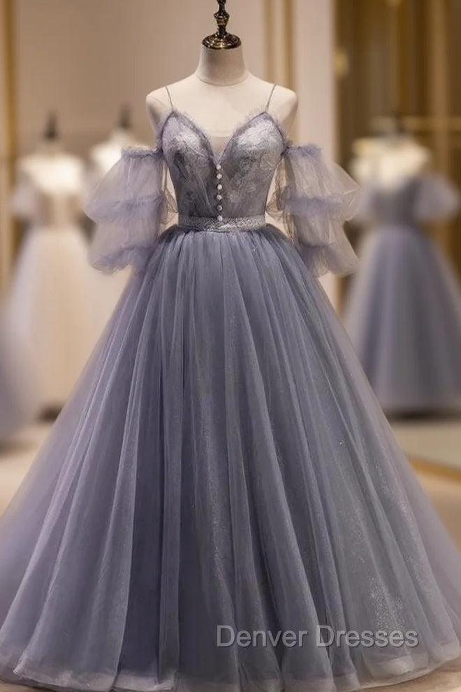 Gray Tulle Spaghetti Straps Button Prom Dress Main image