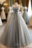Gray Tulle Spaghetti Straps Flower Prom Dress
