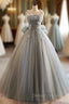 Gray Tulle Spaghetti Straps Flower Prom Dress