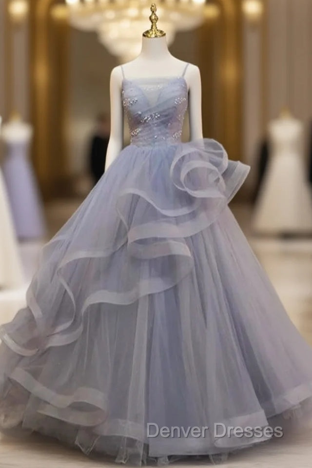 Gray Tulle Spaghetti Straps Pleats Pearls Prom Dress Main image