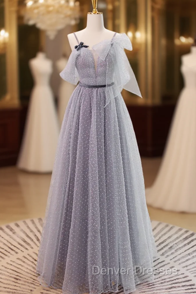 Gray Tulle Spaghetti Straps Pleats Prom Dress Main image