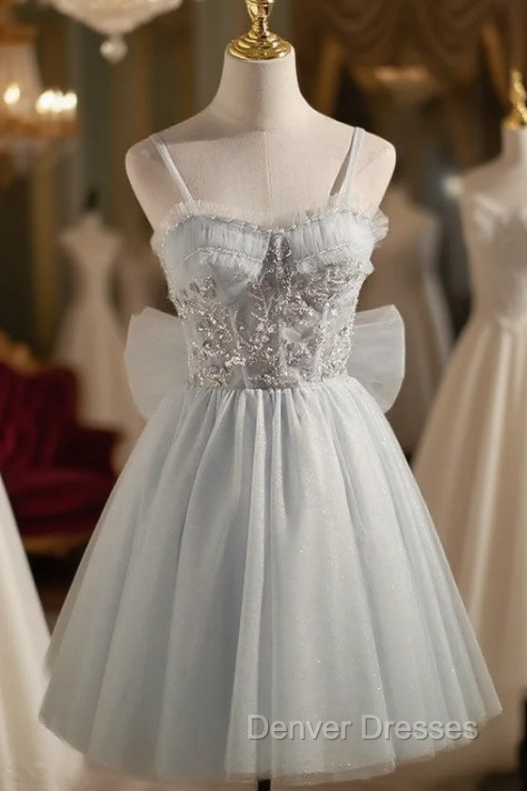 Gray Tulle Spaghetti Straps Sequins Homecoming Dress Main image
