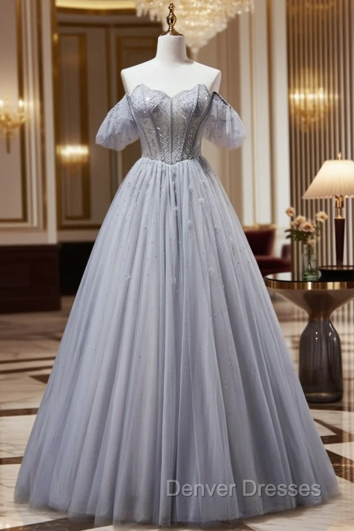 Gray Tulle Strapless Beading Prom Dress