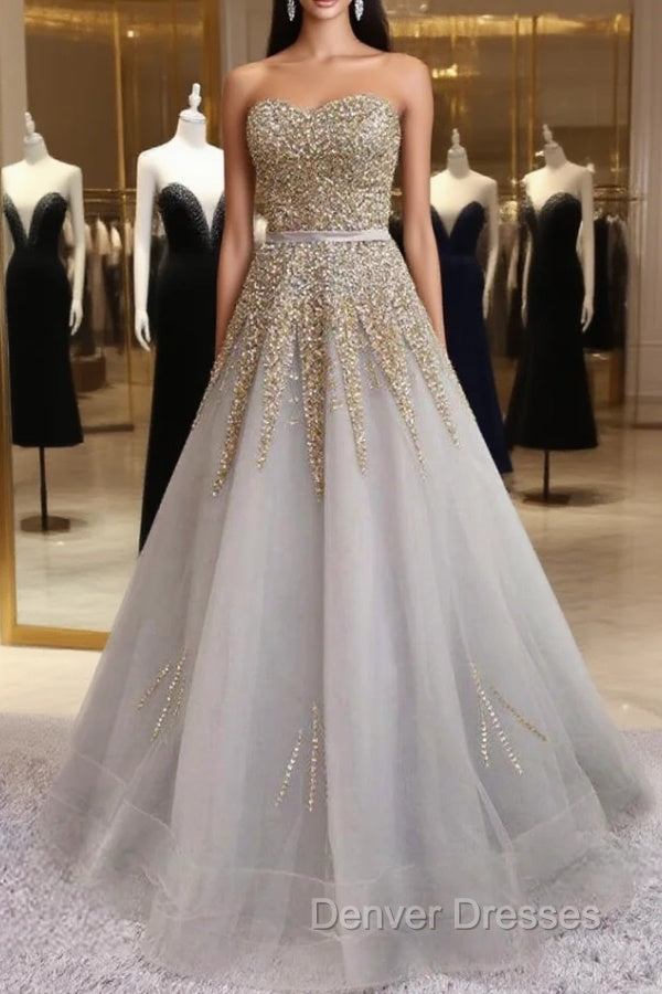 Gray Tulle Strapless Beading Sequins Prom Dress Main image
