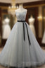 Gray Tulle Strapless Lace Pleats Prom Dress