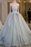Gray Tulle Strapless Pleats Prom Dress