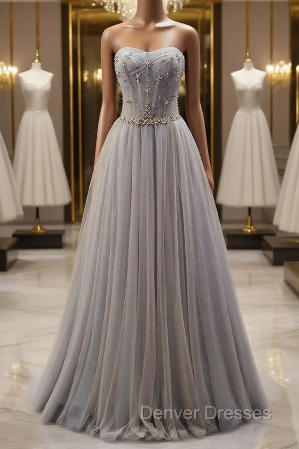 Gray Tulle Sweetheart Beading Prom Dress