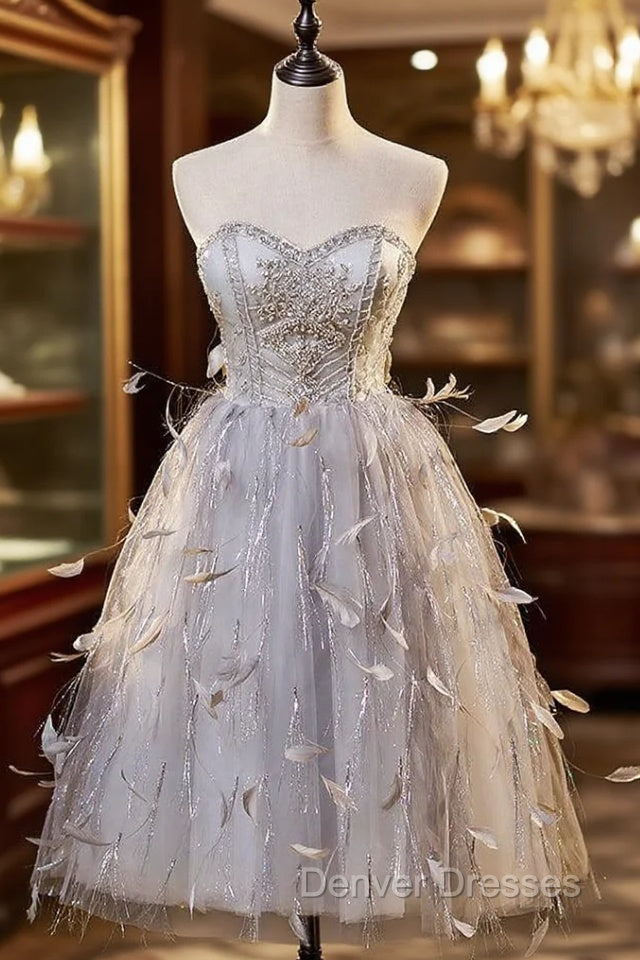 Gray Tulle Sweetheart Feather Bading Short Prom Dress Main image