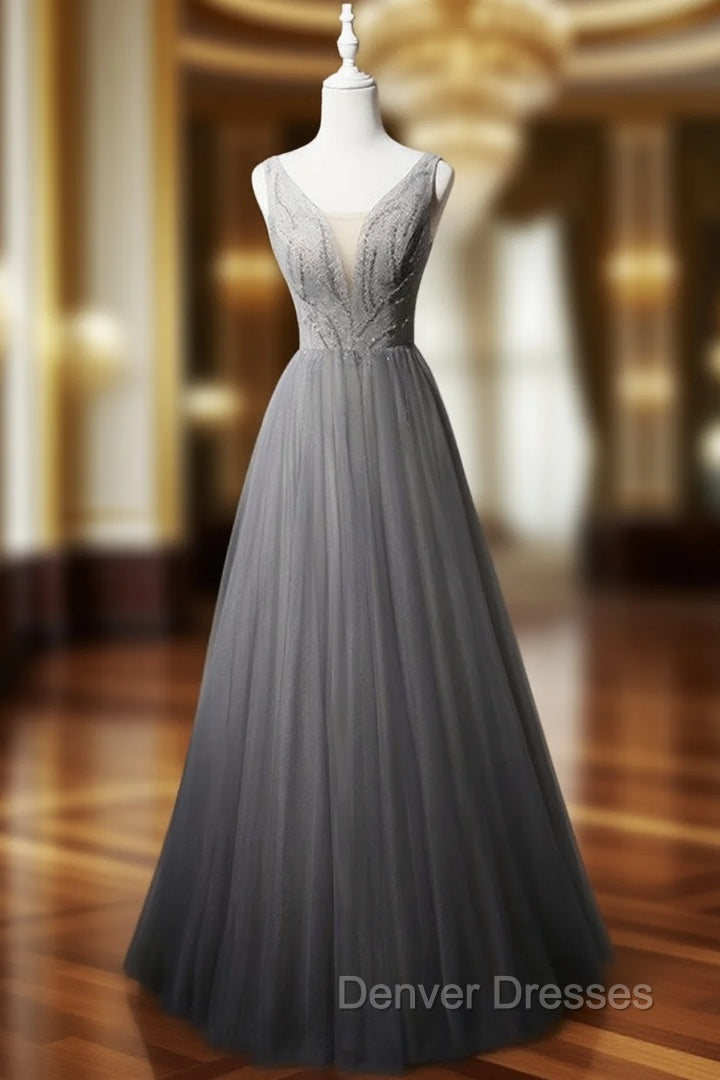 Gray Tulle V-neck Beading Prom Dress Main image