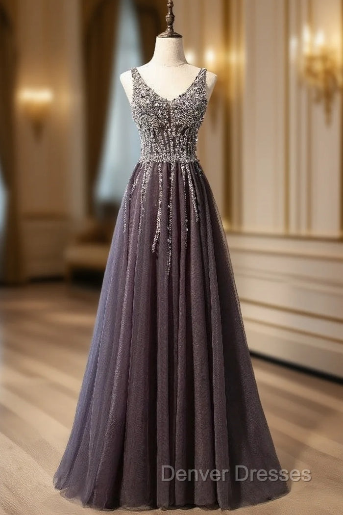 Gray Tulle V-neck Beading Sequins Prom Dress Main image