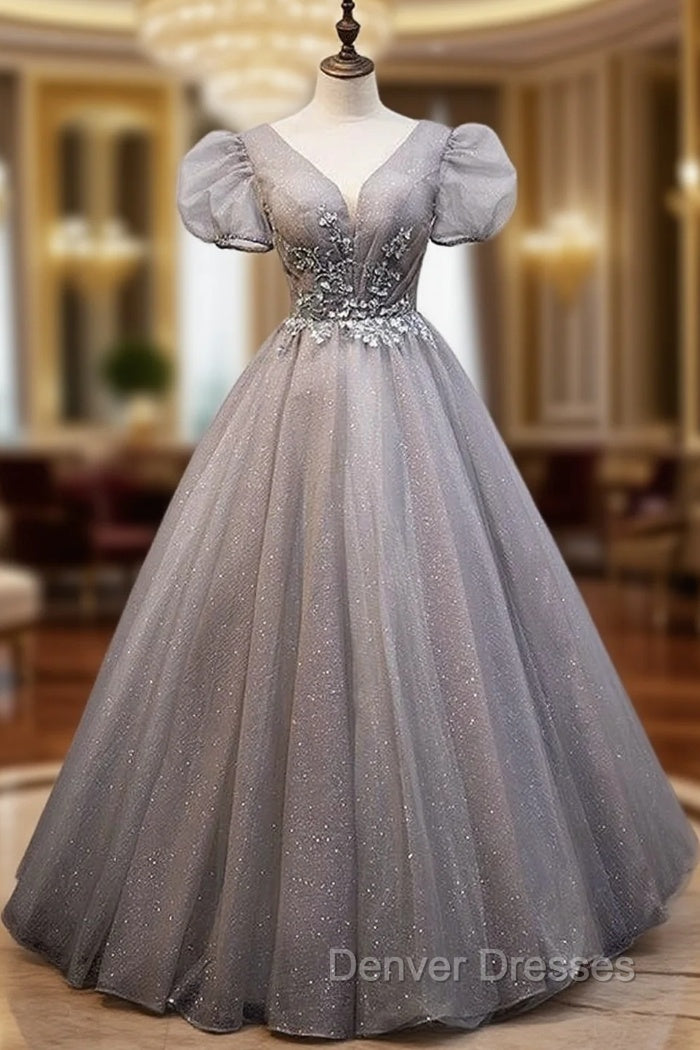Gray Tulle V-neck Puff Sleeve Beading Prom Dress Main image