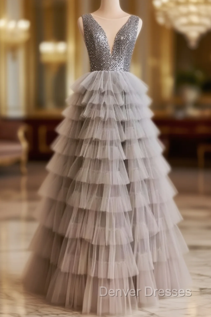 Gray Tulle V-neck Sequins Tiers Prom Dress Main image