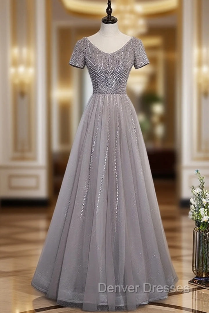 Gray Tulle V-neck Short Sleeve Beading Sequins Prom Dress Main image