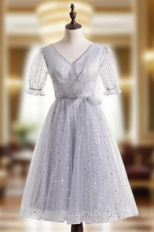 Gray Tulle V-neck Short Sleeve Prom Dress