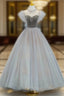 Gray Tulle Velvet Beading Prom Dress