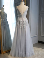Gray Tulle with Lace Long Prom Dress, A-line Floor Length Gray Evening Dress, Gray Bridesmaid Dress