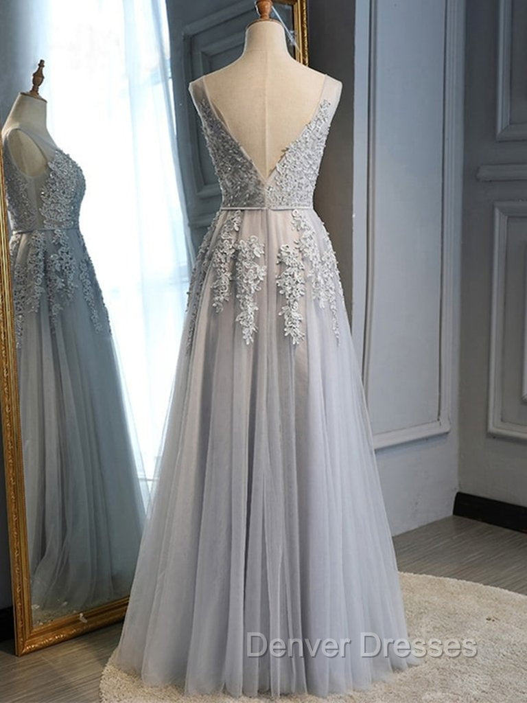 Gray Tulle with Lace Long Prom Dress, A-line Floor Length Gray Evening Dress, Gray Bridesmaid Dress