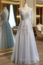 Gray Tulle with Lace Long Prom Dress, A-line Floor Length Gray Evening Dress, Gray Bridesmaid Dress