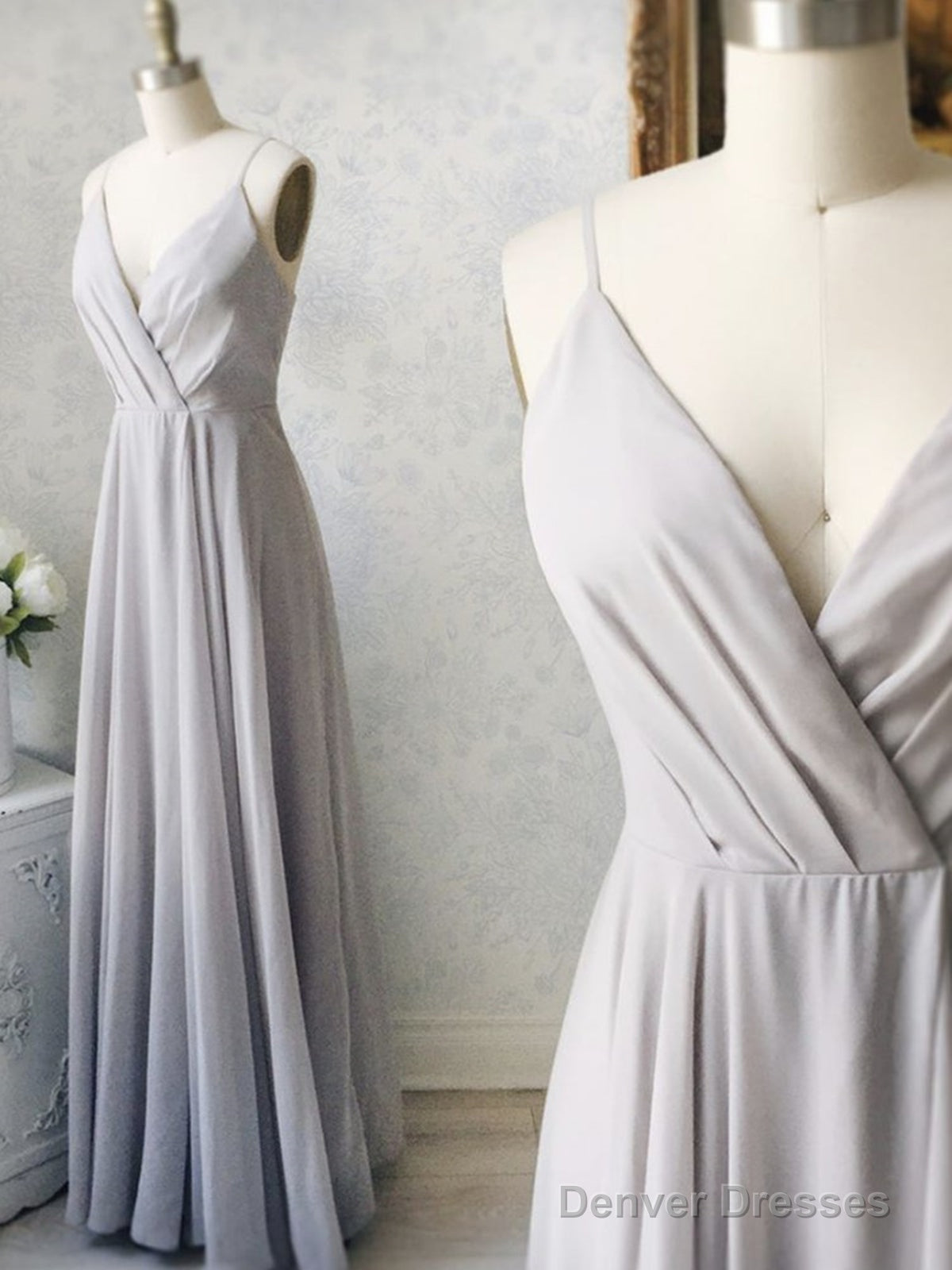 Gray V Neck Chiffon Long Prom Dresses, Gray V Neck Long Formal Bridesmaid Dresses Main image