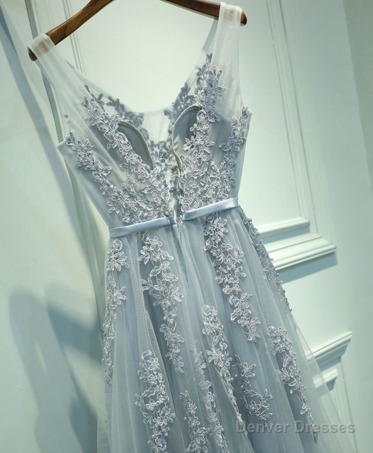 Gray V Neck Lace Tulle Long Prom Dress, Lace Evening Dress Secondary image