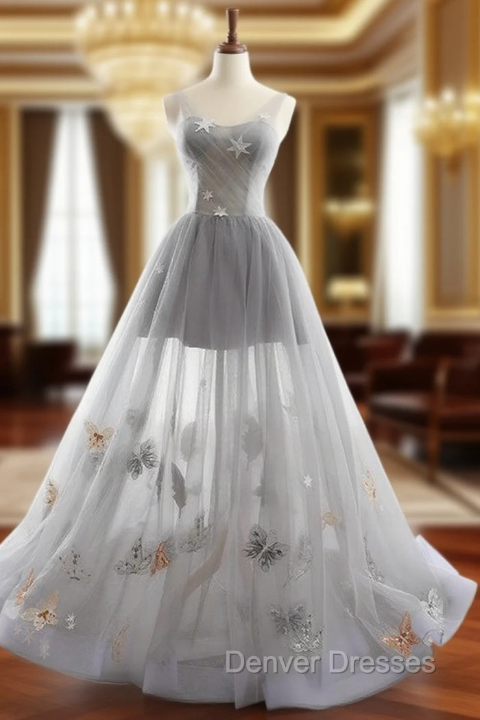 Gray V-neck Tulle Backless Butterfly Floor Length Wedding Dress Main image