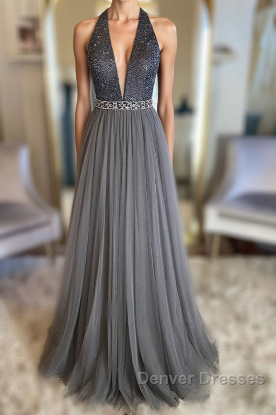 Gray v neck tulle beads long prom Dress, gray tulle formal Dress Main image