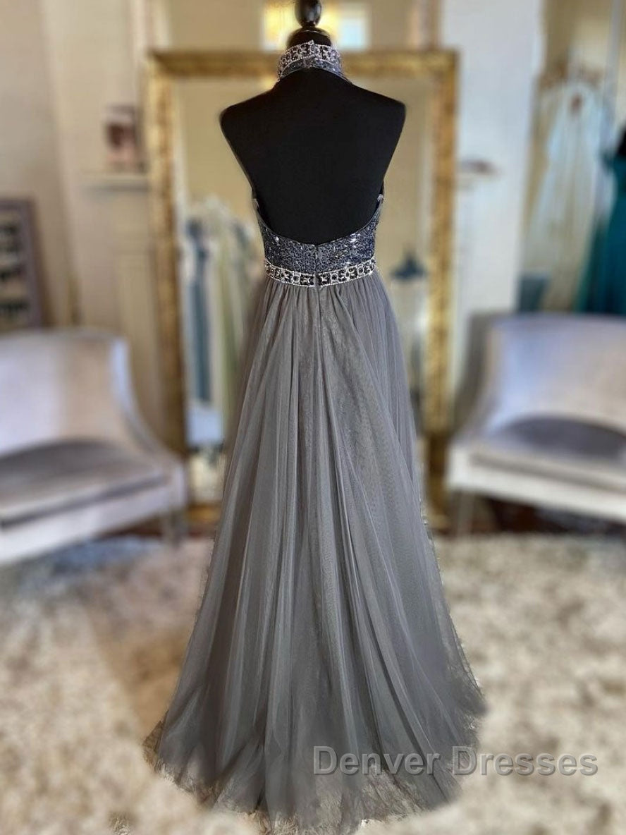 Gray v neck tulle beads long prom Dress, gray tulle formal Dress Secondary image