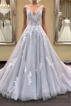 Gray v neck tulle lace applique long prom Dress, gray evening Dress