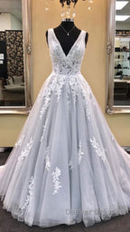 Gray v neck tulle lace applique long prom Dress, gray evening Dress