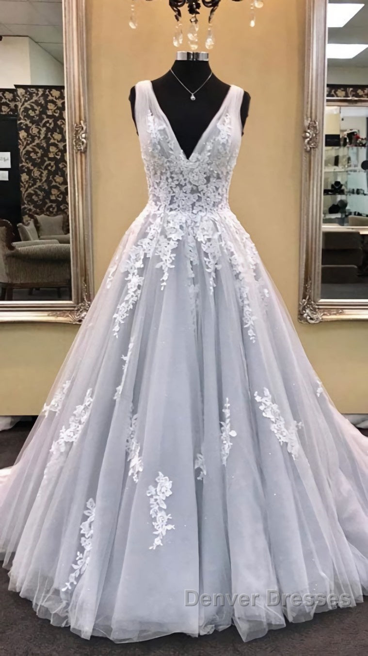 Gray v neck tulle lace applique long prom Dress, gray evening Dress