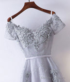 Gray V Neck Tulle Lace Applique Long Prom Dress, Lace Evening Dress