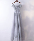 Gray V Neck Tulle Lace Applique Long Prom Dress, Lace Evening Dress