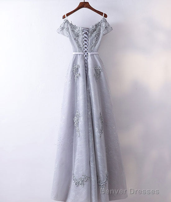 Gray V Neck Tulle Lace Applique Long Prom Dress, Lace Evening Dress