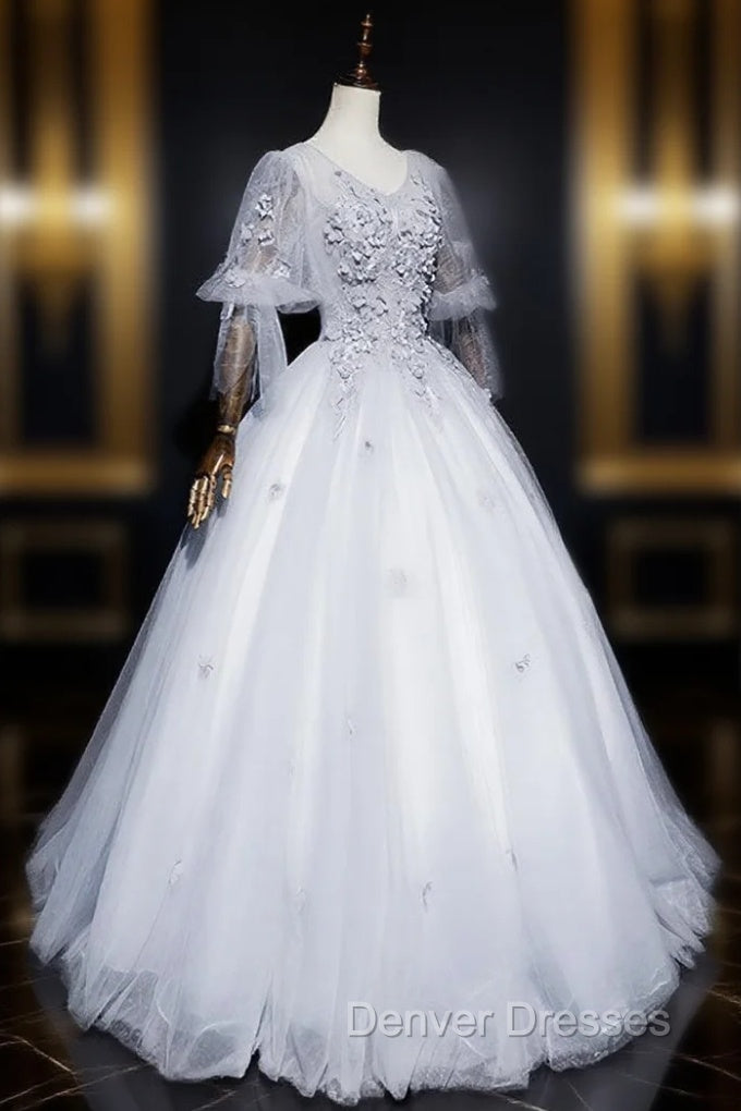 Gray V Neck Tulle Lace Long Prom Dress, Gray Lace Evening Dress Main image