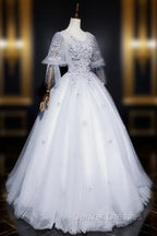 Gray V Neck Tulle Lace Long Prom Dress, Gray Lace Evening Dress