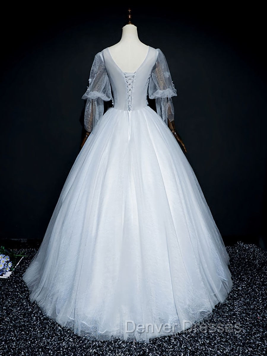 Gray V Neck Tulle Lace Long Prom Dress, Gray Lace Evening Dress