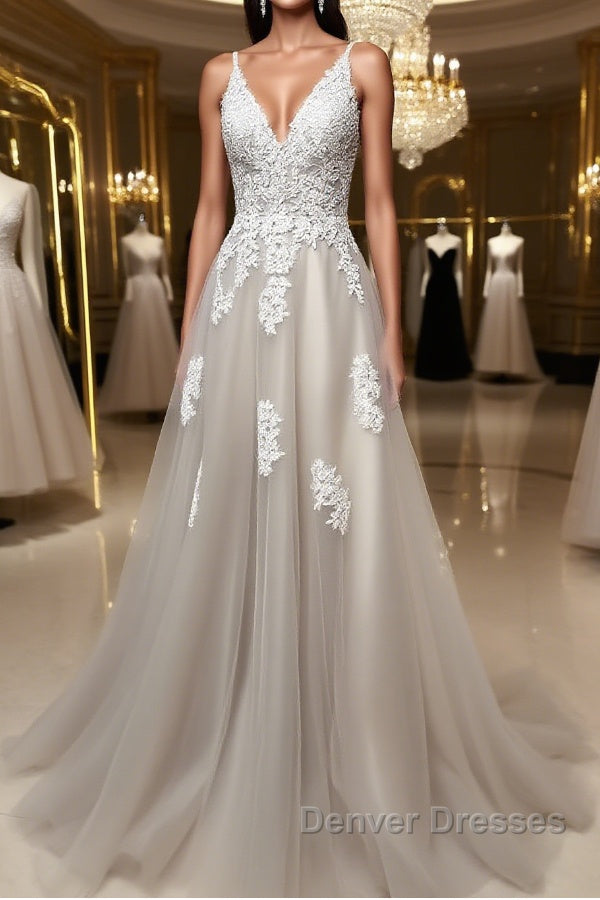 Gray v neck tulle lace long prom Dress, gray tulle evening Dress