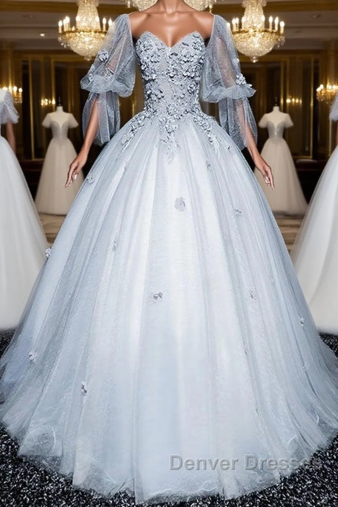 Gray v neck tulle lace long prom Dress, gray tulle lace evening Dress Main image