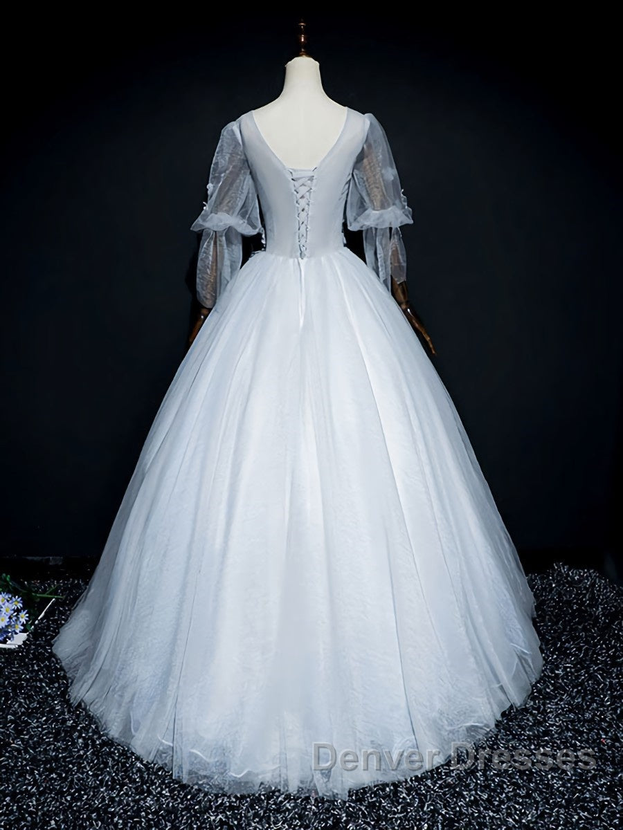 Gray v neck tulle lace long prom Dress, gray tulle lace evening Dress Secondary image