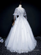 Gray v neck tulle lace long prom Dress, gray tulle lace evening Dress