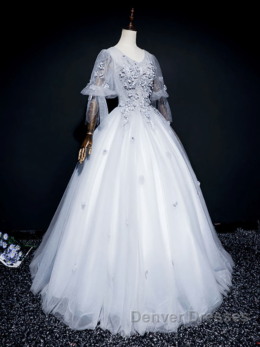 Gray v neck tulle lace long prom Dress, gray tulle lace evening Dress