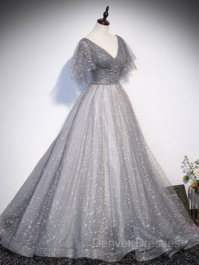 Gray V Neck Tulle Long Prom Dress, Gray Tulle Sequin Evening Dress Secondary image