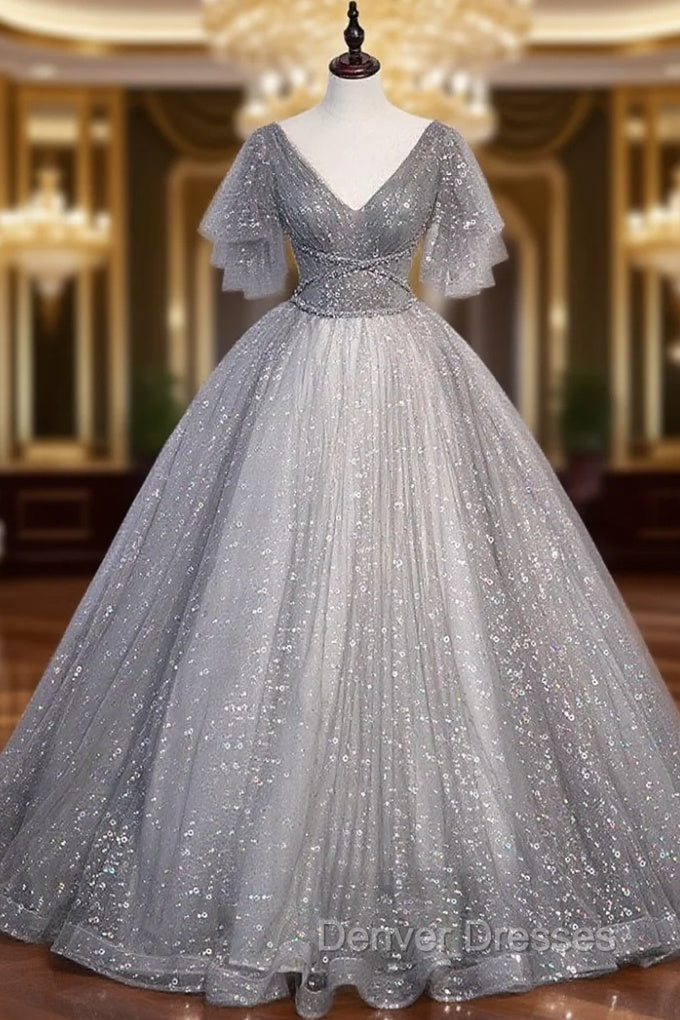 Gray V Neck Tulle Long Prom Dress, Gray Tulle Sequin Evening Dress Main image